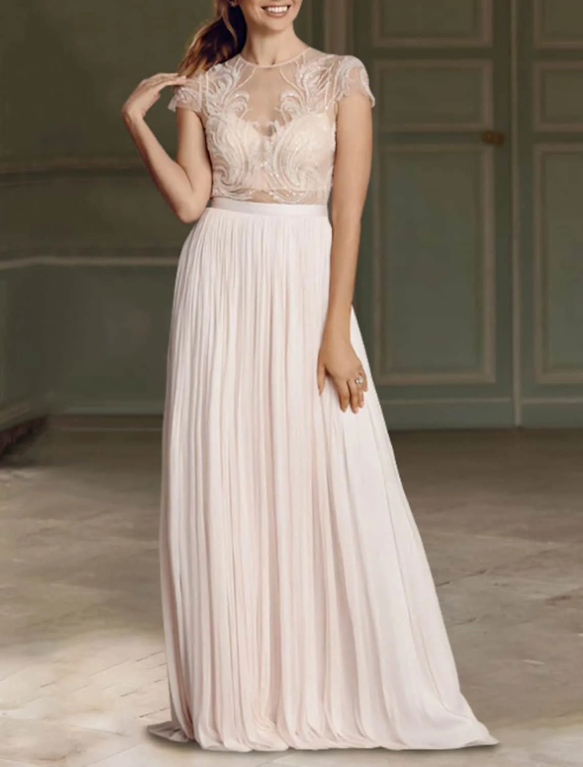 Robe de bal Sexy pour femmes, manches courtes, col en bijoux, Illusion de dentelle, hauts avec Appliques, robe de mariée romantique