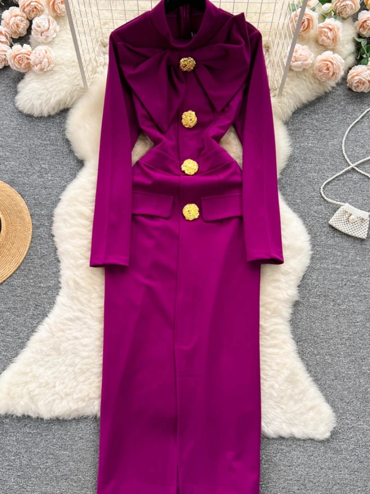 Aibeautyer New Casual Spring Summer Solid Slim Button Full Lady Dress A Line O Neck Chiffon Pullover Women Dresses