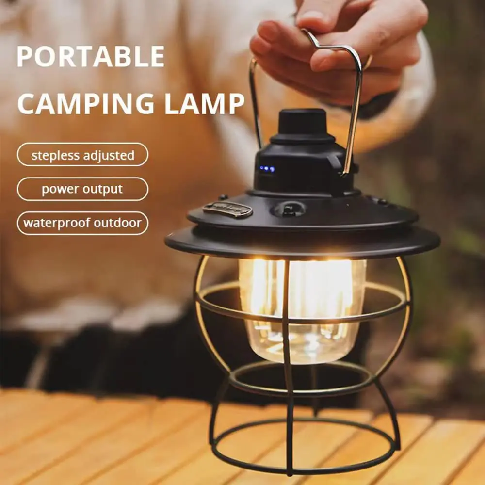 IPX4 Waterproof Outdoor Portable Rechargeable Led Rechargeable Vintage Retro Metal Hanging Camping Lantern Dimmable Torch Lights