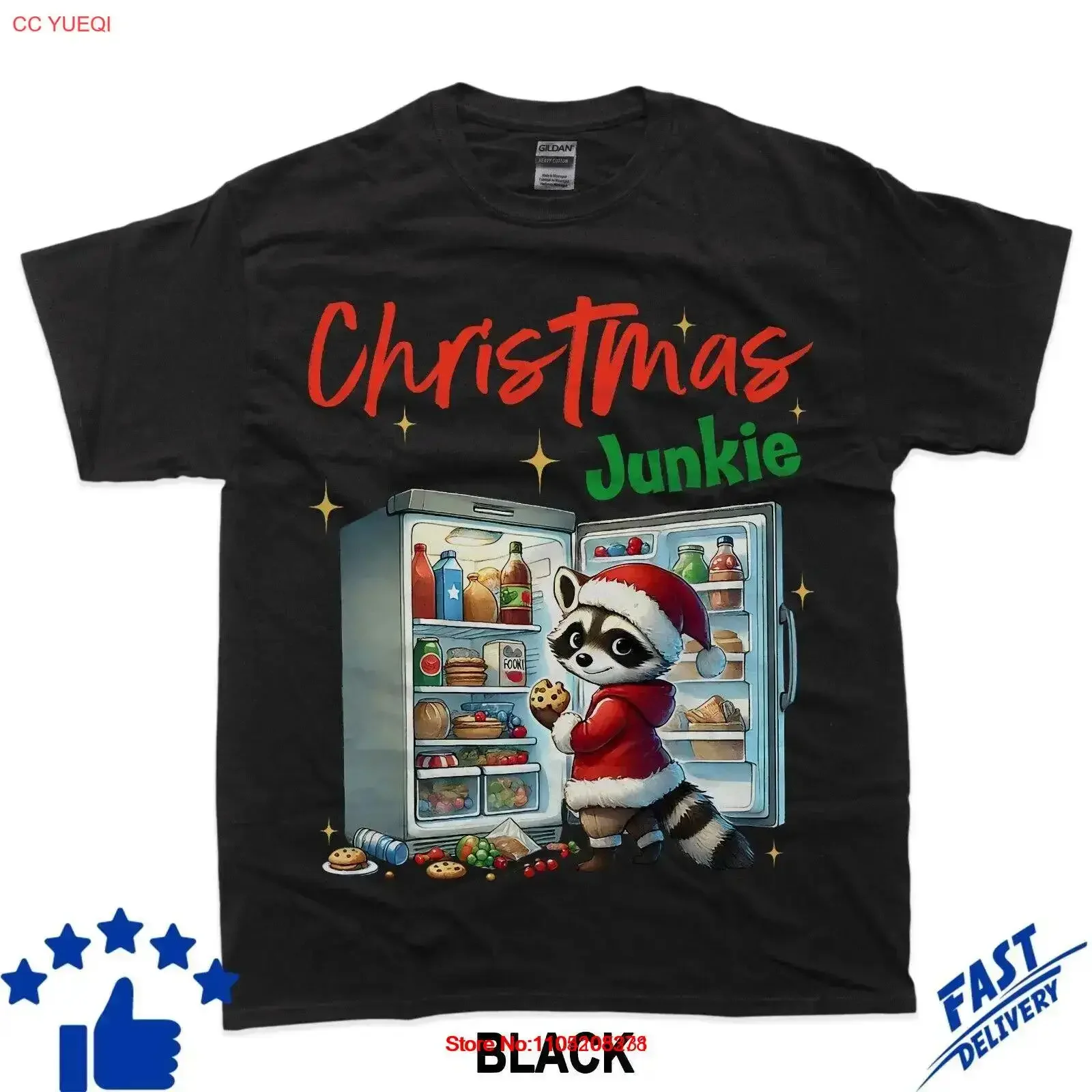 

Christmas Junkie Raccoon Santa Hat Food Lovers Xmas Fridge T Shirt vintage Washed designer clothes Unisex graphic Versatile