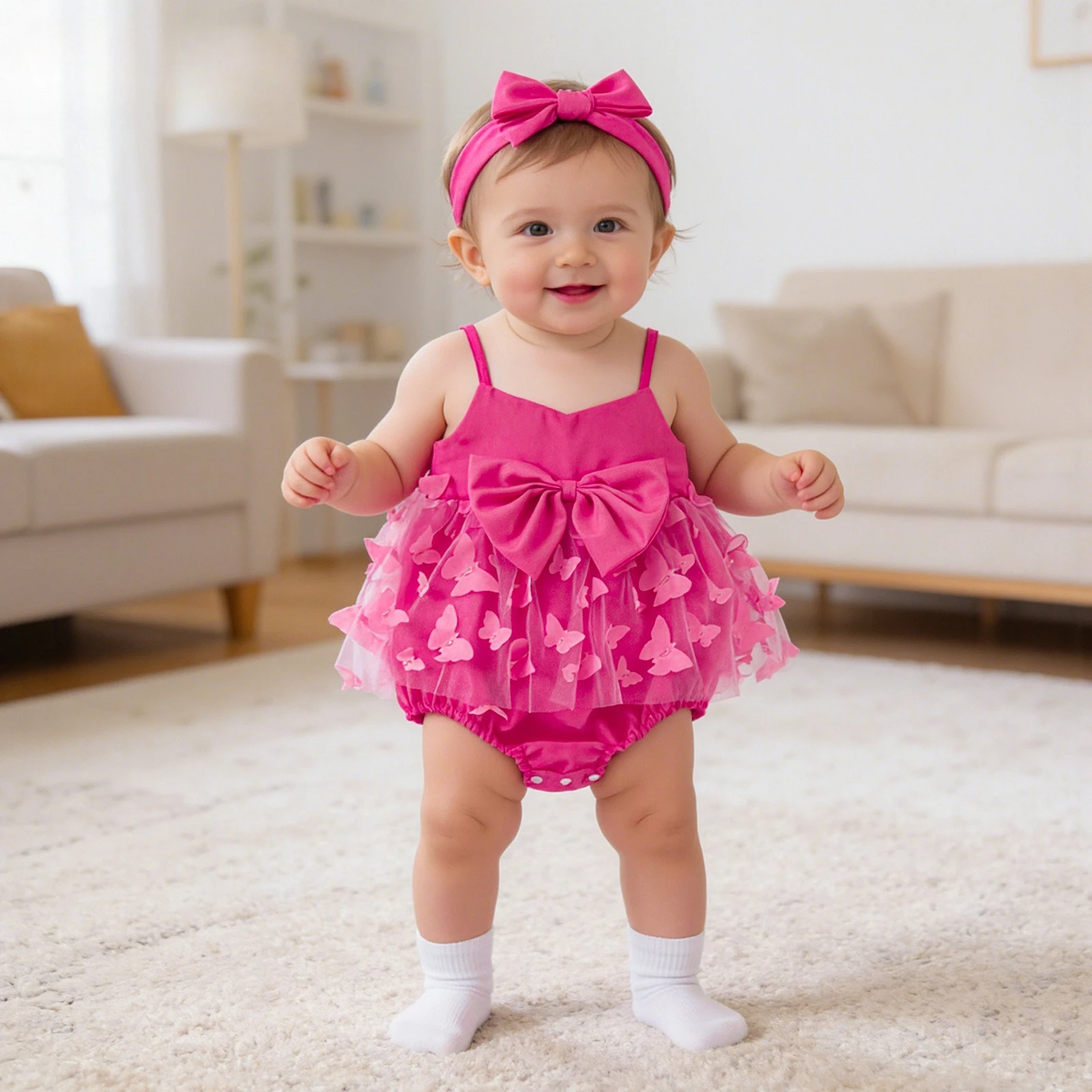 2Pcs Pink Bow Strap Bodysuit Set with Headband, sheer mesh romper, lovely delicate outfit set for baby girls daily wear
