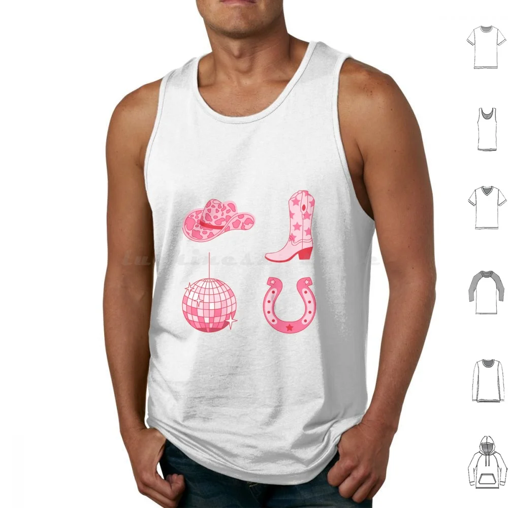 Disco Cowgirl Pack. Pink Cowboy Boot , Disco Ball , Horseshoe And Cowgirl Hat. Tank Tops Print Cotton Disco Cowgirl