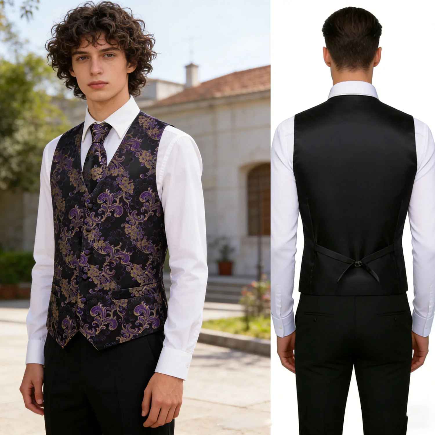 

Men's Purple Gold Floral Jacquard Vest Set – Formal Waistcoat with Matching Tie Adjustable for Weddings and Proms
