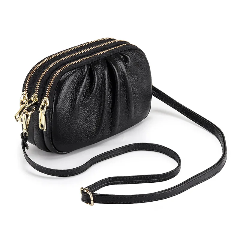 

Leather Women's Small Bag Crossbody Bag, Wrinkled Bag Soft Leather Large Capacity, Three-layer Zippered Shoulder Bag