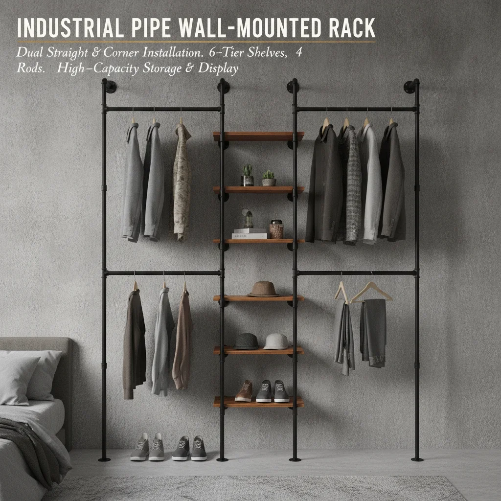 Wall Mounted Clothes Rack, Industrial Pipe Clothes Rack, Multi-Purpose Clothes Rack with 2 Installation Methods, 6 Shelves & 4 Hanging Rods for Bedroom, Boutique, Laundry Room, Black + Brown