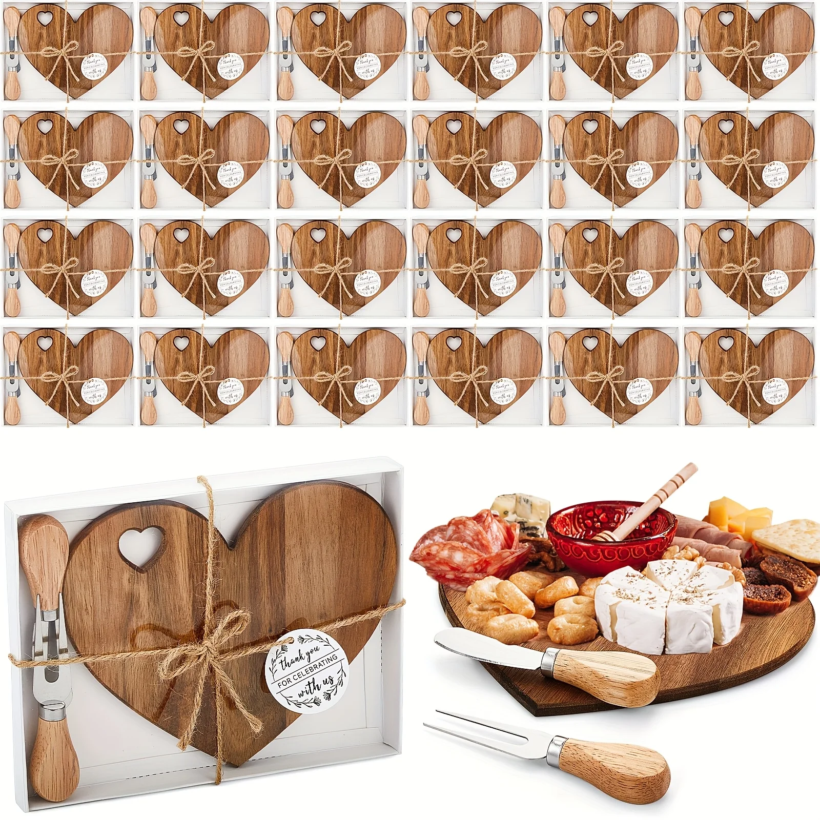 Juego de 24 mini tablas de quesos y embutidos de madera con forma de corazón, con cuchillos para queso, caja de regalo de agradecimiento para invitados, ideal para despedidas de soltera, baby showers, bodas, cumpleaños, San Valentín, Halloween, Navidad, como recuerdos para invitados, regalos de boda y utensilios de servir de madera (color acacia)