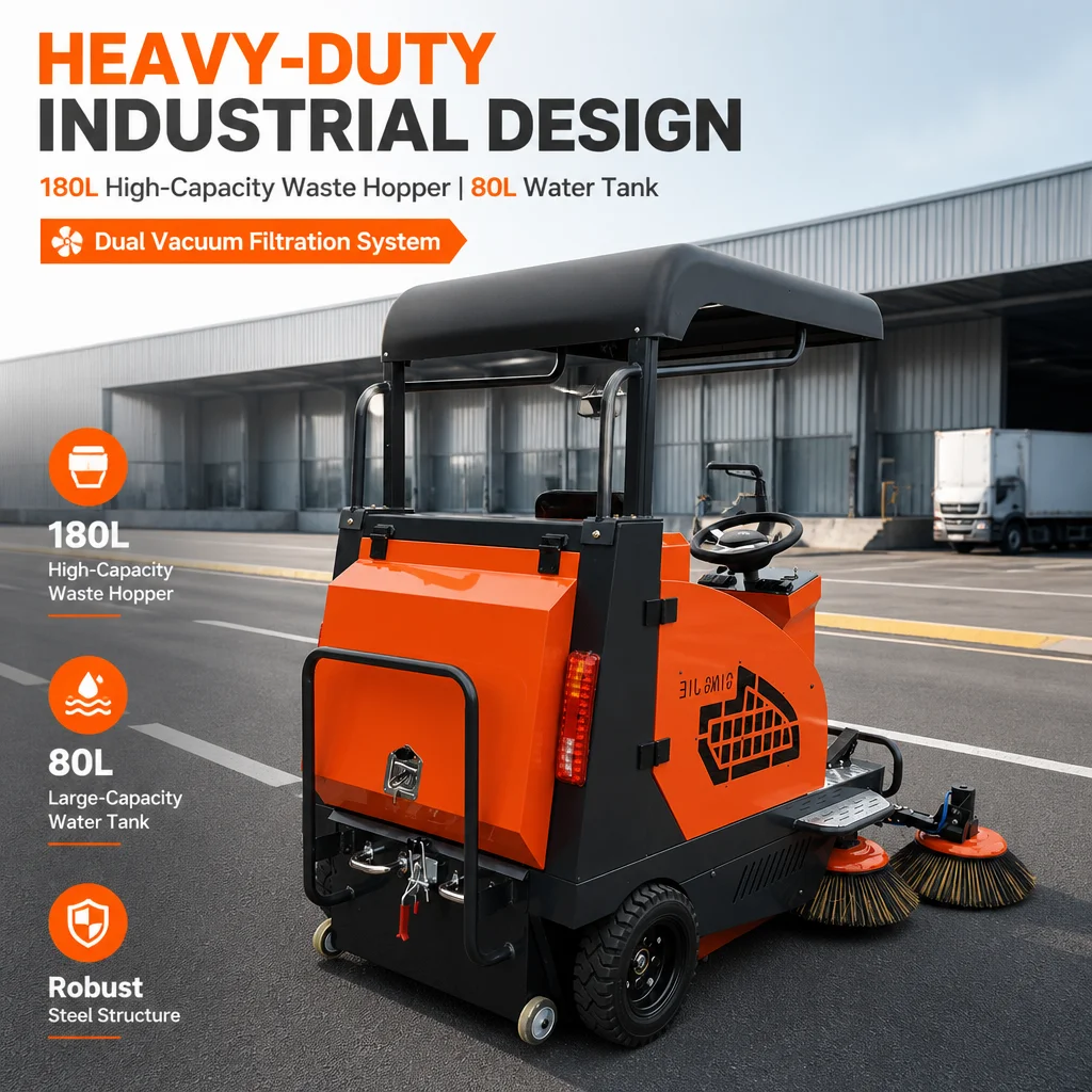 Commercial Ride-on Floor Sweeper 48V Electric Street Cleaning Machine 5 Brushes 1850mm Width 180L Hopper for Factory Warehouse