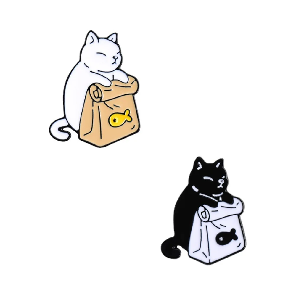 Cute Black and White Cat Animal Badge Cat Food Shaped Alloy Accessory Brooch Greedy Cat Holding Snack Bag Pin