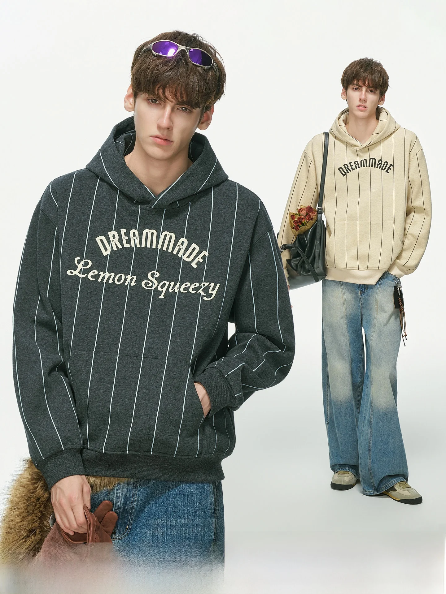American Retro Striped Hoodie Jacket Men's Autumn College Style Couple Commute Top Loose Fit Long Sleeve Printed Polyester