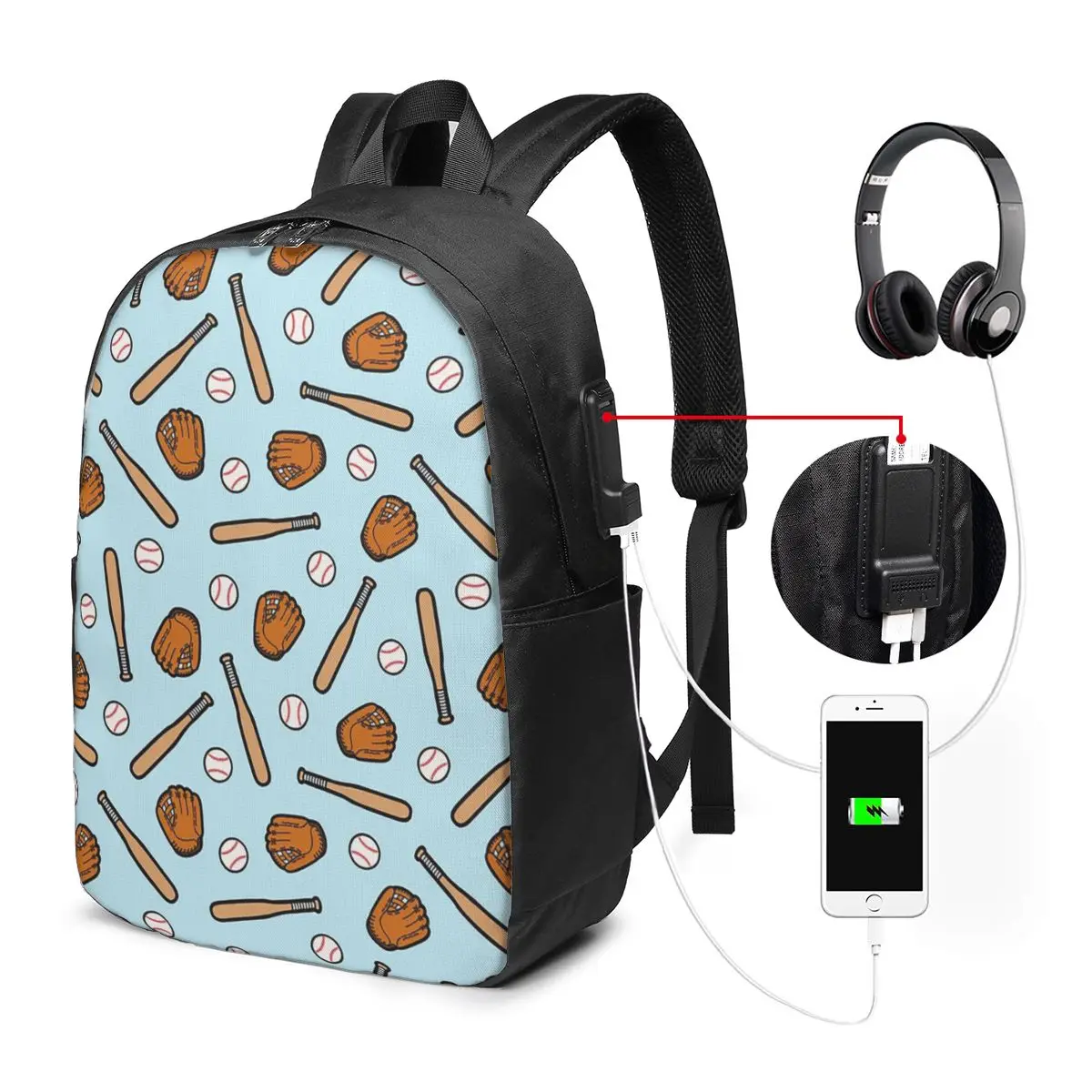 Baseball Pattern In Light Blue Backpack Travel Notebook Bag Computer College Student School Bag Laptop Shoulder Bags Men Women