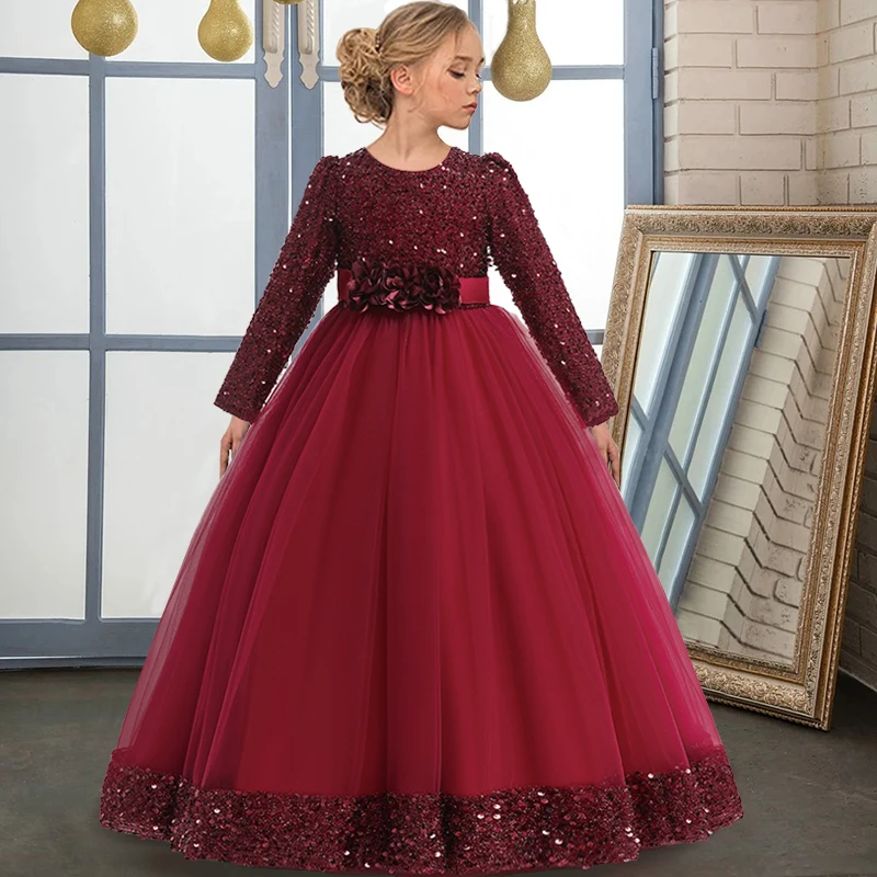 

Formal Long Sleeve Teenager Kids Evening Dress For Girls Children Costume Wedding Prom Dress Girl Princess Dresses 11-12 Years