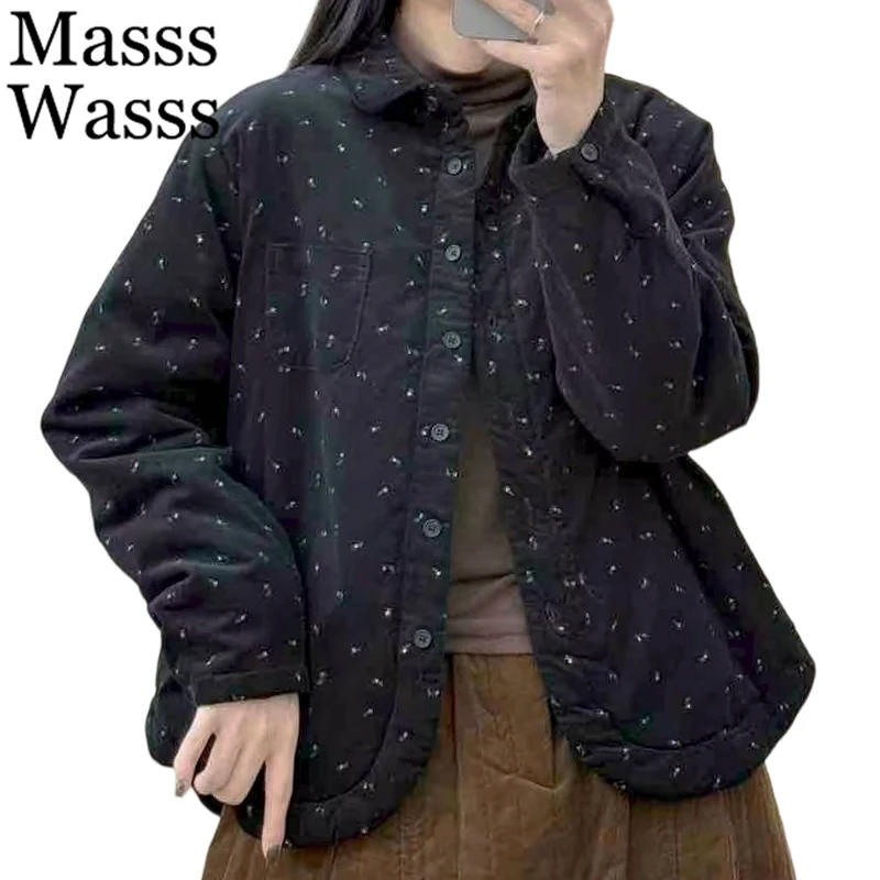 

Mass Wasss 2025, зимние женские вельветовые стеганые куртки с принтом, модные свободные теплые пальто, женские повседневные парки, классическая верхняя одежда