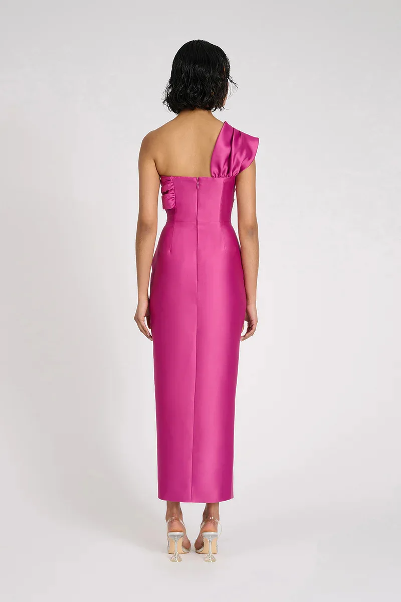 Hot Pink Satin Prom Dress Sexy One Shoulder Sleeveless Long Sheath Party Gown Formal Wedding Guest Birthday Evening Robe - view 3