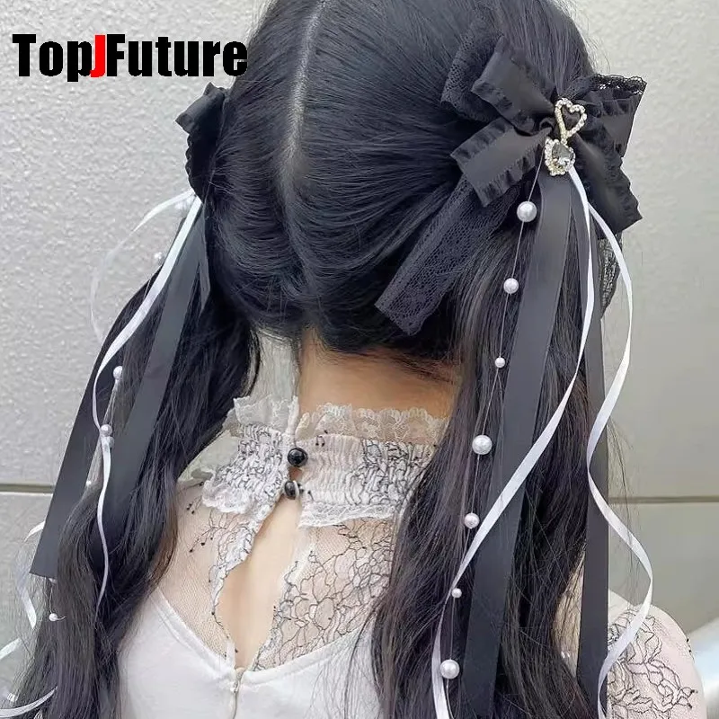 

Women Japanese Y2K girl Harajuku Gothic Original Bow ribbon pearl chain Accessories personality dual horsetail Hairpin Hair clip