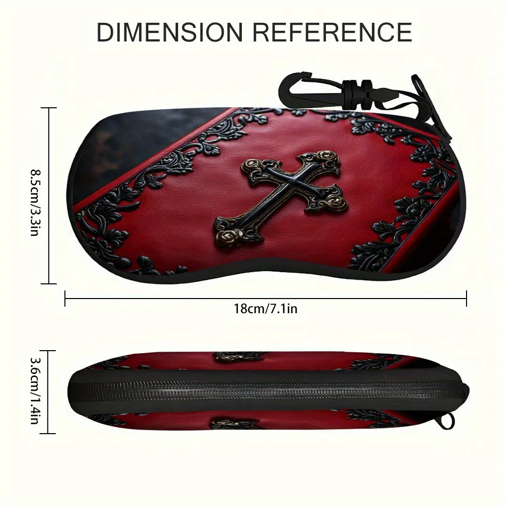 1pc Modern Gothic Cross Print Zippered Glasses Case Compatible for All Eyewear with Keychain Ultra-Light Cover, Wallet