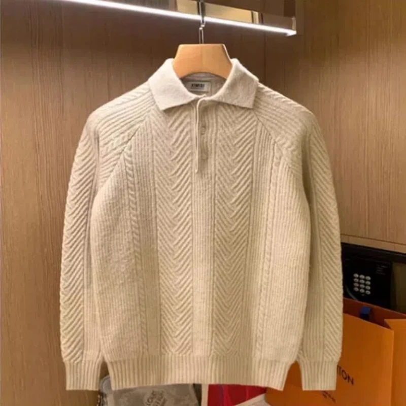 

Высококачественный американский свитер с лацканами, мужской пуловер, модный вязаный свитер, весна и осень, новинка 2025, пальто с длинными рукавами