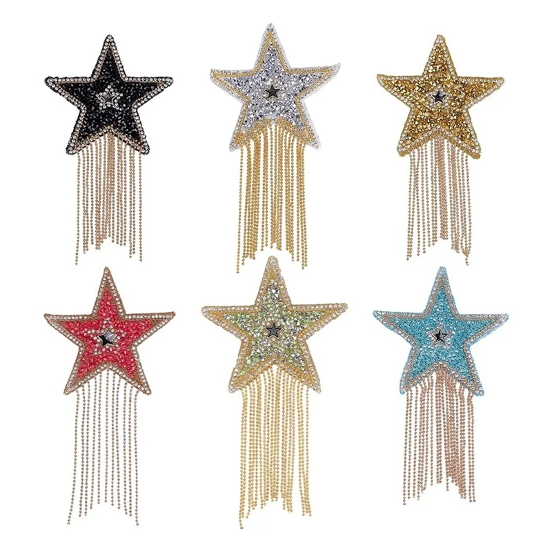 

NEW-6Pcs Star Rhinestone Patches With Chain Tassels Five-Pointed Star Ironing Patches Clothes Hat Jeans Bag Dress Pants DIY