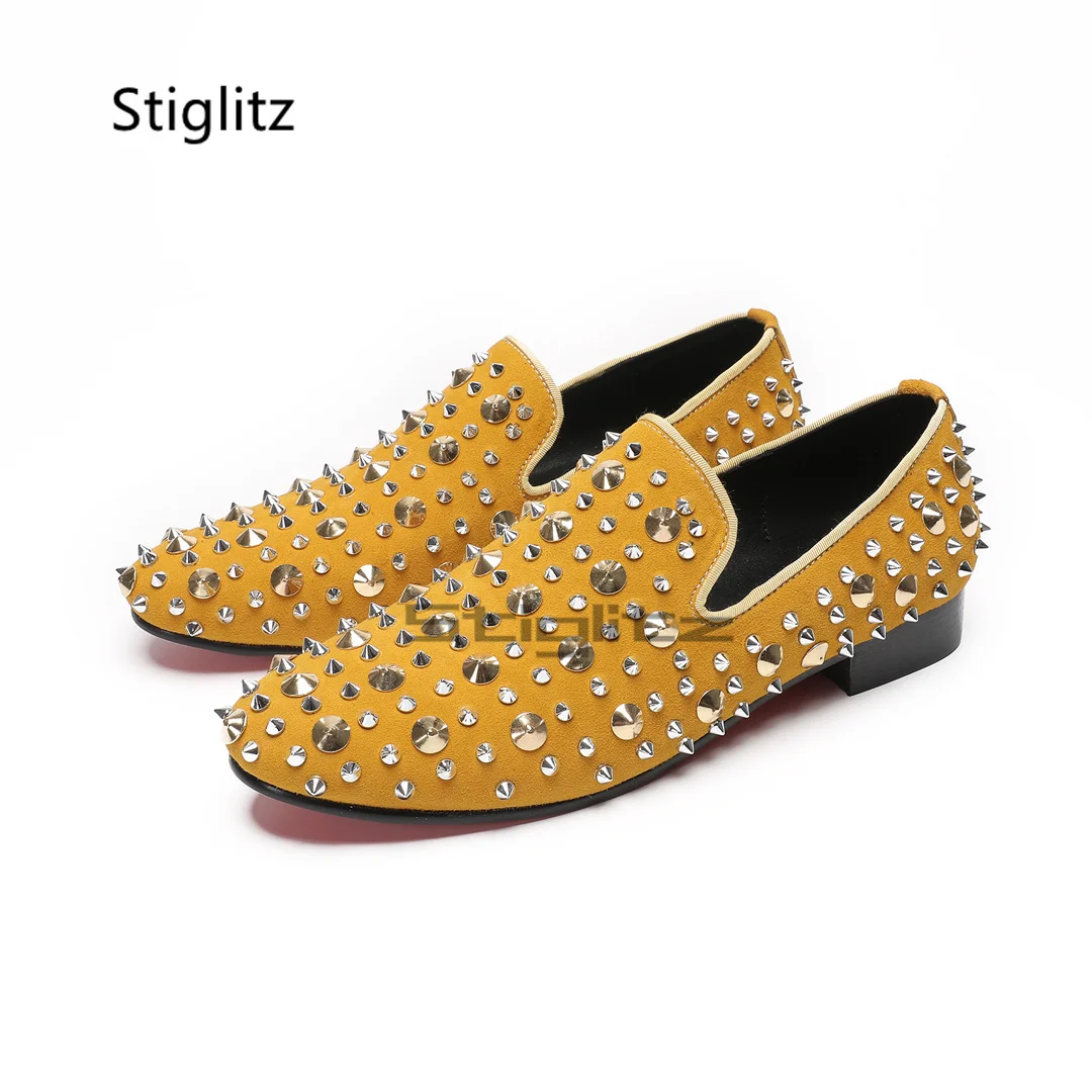 

Rivet Rhinestone Slip On Flats Shoes for Men Suede Sheepskin Casual Loafers Green Yellow Black Blue Single Shoes Dress Party