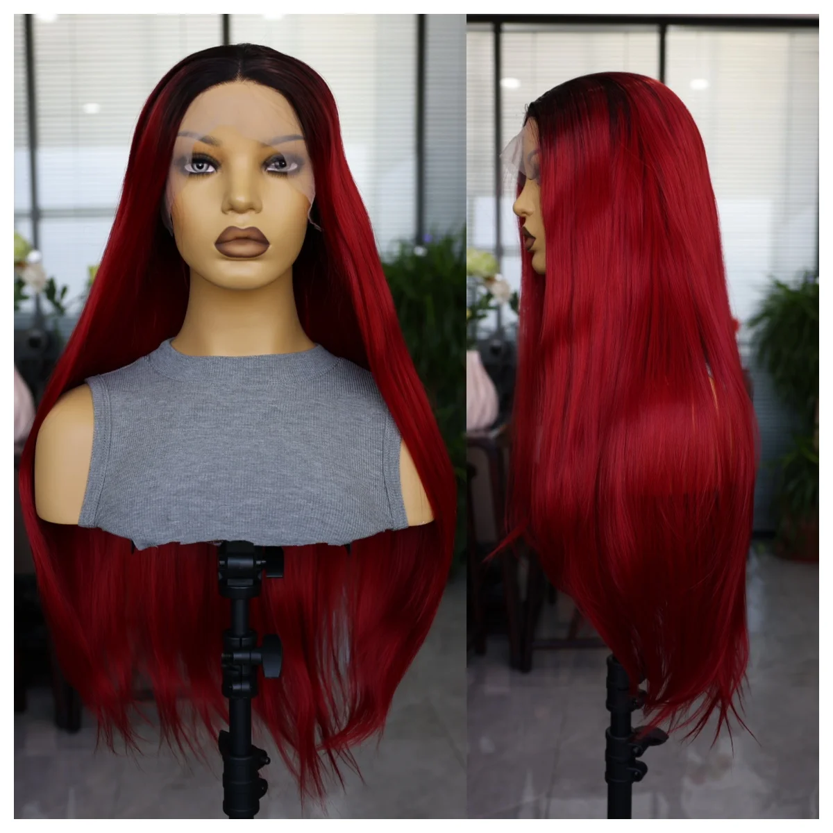 Aiva Red Synthetic Lace Wig With 28 Inch Straight Hair Wig Pre Plucked Black Roots Natural Hair Strands Cosplay Women's Wig