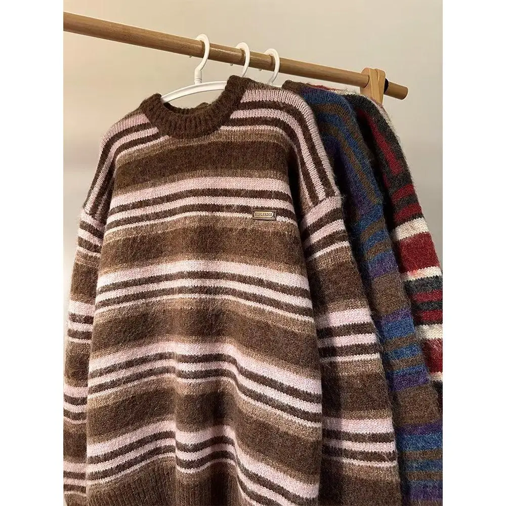 

Men's And Women's Loose Fit Stripe Knit Sweater round Ne Heavyweight Warm Casual Winter Faion Polyester Fiber Long Sve