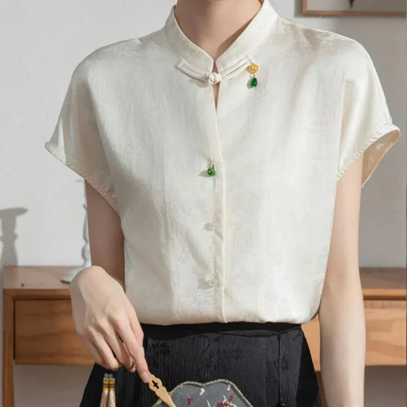 

Новая летняя китайская атласная жаккардовая рубашка для женщин, новый топ с воротником-стойкой в стиле ретро, топ с короткими рукавами, шикарная рубашка Cheongsam