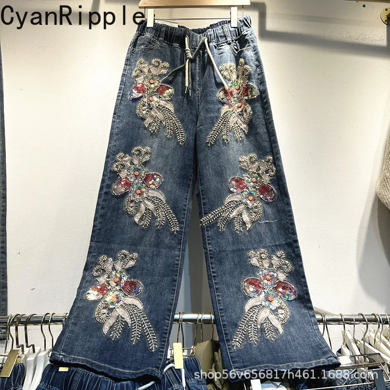 Handmade Beading 3D Flower Loose Denim Pants Women New Spring Summer All-match Elastic Waist Wide Leg Straight Jeans Trendy
