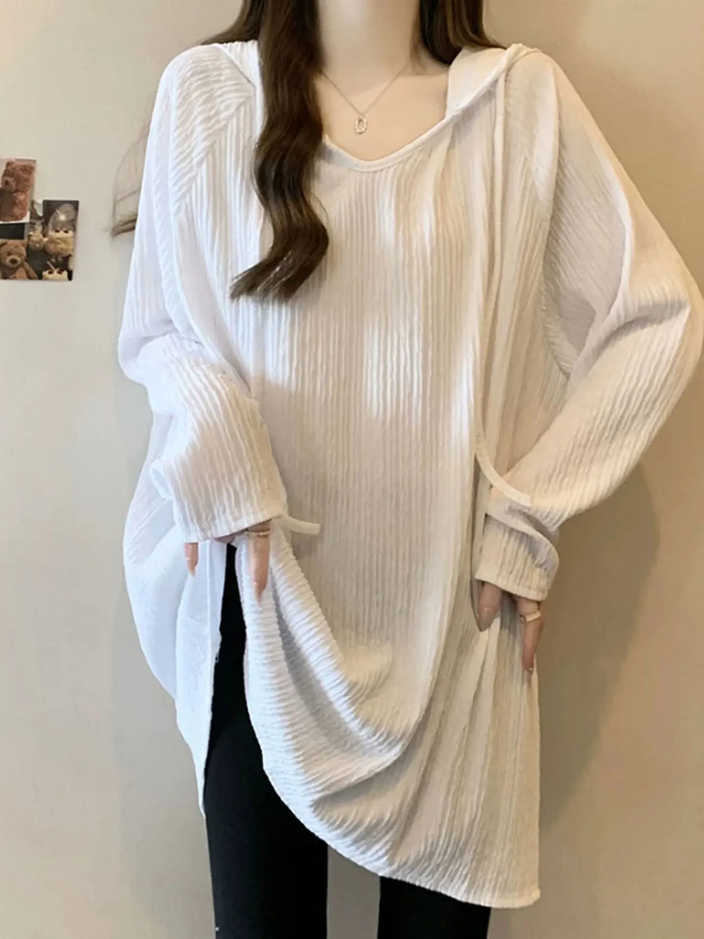 Women's Hooded Long Sleeve T-Shirt Loose Fit plus Size Mid-Length Butt Covering Base Shirt Comfortable Breathable Cotton Blend