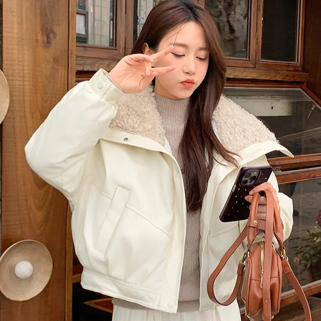 Women Parkas Short Coats Lamb Wool Turn Down Collar Jackets Thick Warm Y2k Streetwear Elegant Work Coat Autumn Winter 2025