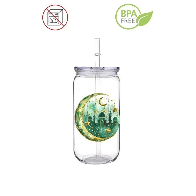 Stars And Moon Castle Printed Transfer BPA Free Plastic Straw Cup Comes With Sreaw And Cup Lid Can Coffee 16 OZ Ramadan