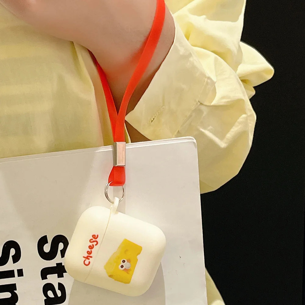 حافظة سماعة رأس بنمط الجبن اللطيفة لأجهزة Apple Airpods Pro 1 2 3 2021 غطاء من البولي يوريثان الناعم غير اللامع مع سوار ملحقات غلاف سماعة الأذن