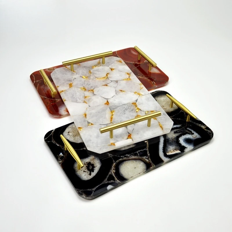 Luxury home decoration rectangular gold handle red agate stone decorative tray