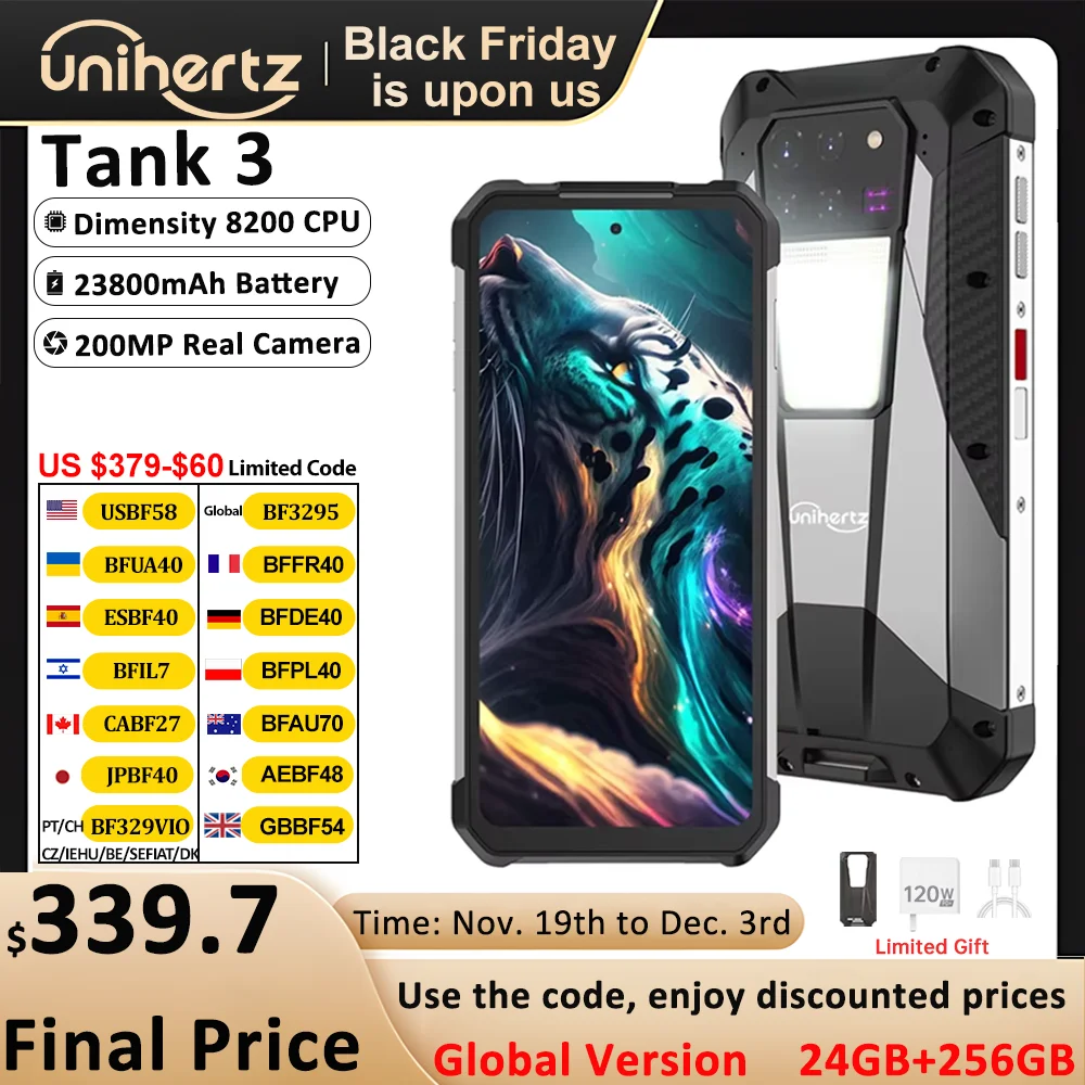 Us Au Eu Voorraad Unihertz 8849 Tank 3 Robuuste 5G Smartphone 32Gb 512Gb 23800Mah 120W Oplader Dimensity 8200 200mp 120Hz Mobiele Telefoon
