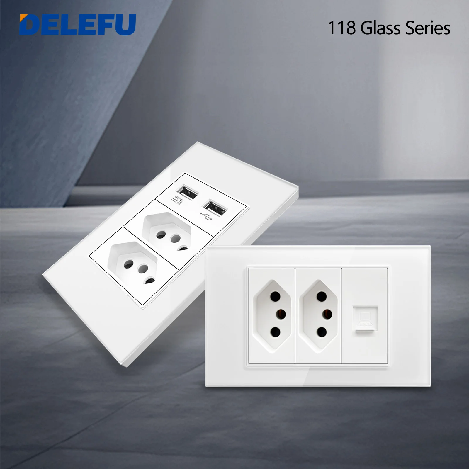 Tomada de Parede Inteligente DELEFU Padrão Brasil 4x2 com Vidro Temperado Branco, USB Duplo Tipo-C, Tuya WiFi, Interruptor Inteligente 10A/20A