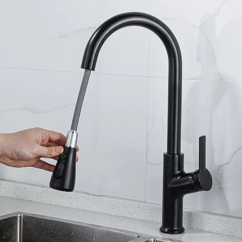 

Pull Out Kitchen Faucet Black Kitchen Sink Brass Mixer Tap Hot & Cold Rotating Brushed Gold Water Crane Tap