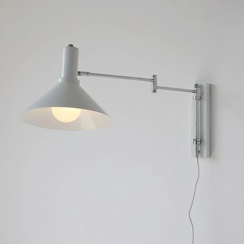 for Medieval Red Rocker Arm Wall Lamp Bauhaus Foldable Long Arm Bedside Study Wall Light Wiring Free Sconce
