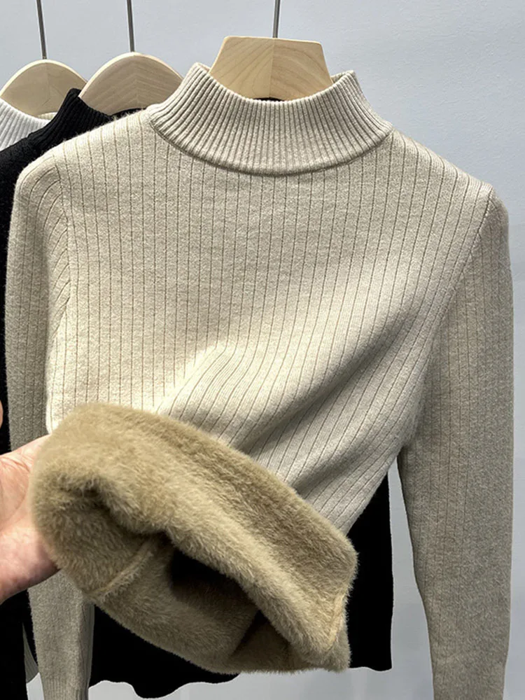 Womens Sweater Velvet Pullover Winter Fall Knitwear Half Turtleneck Jumper Casual Thick Plush Lined Knit Soft Stretch Top Korean