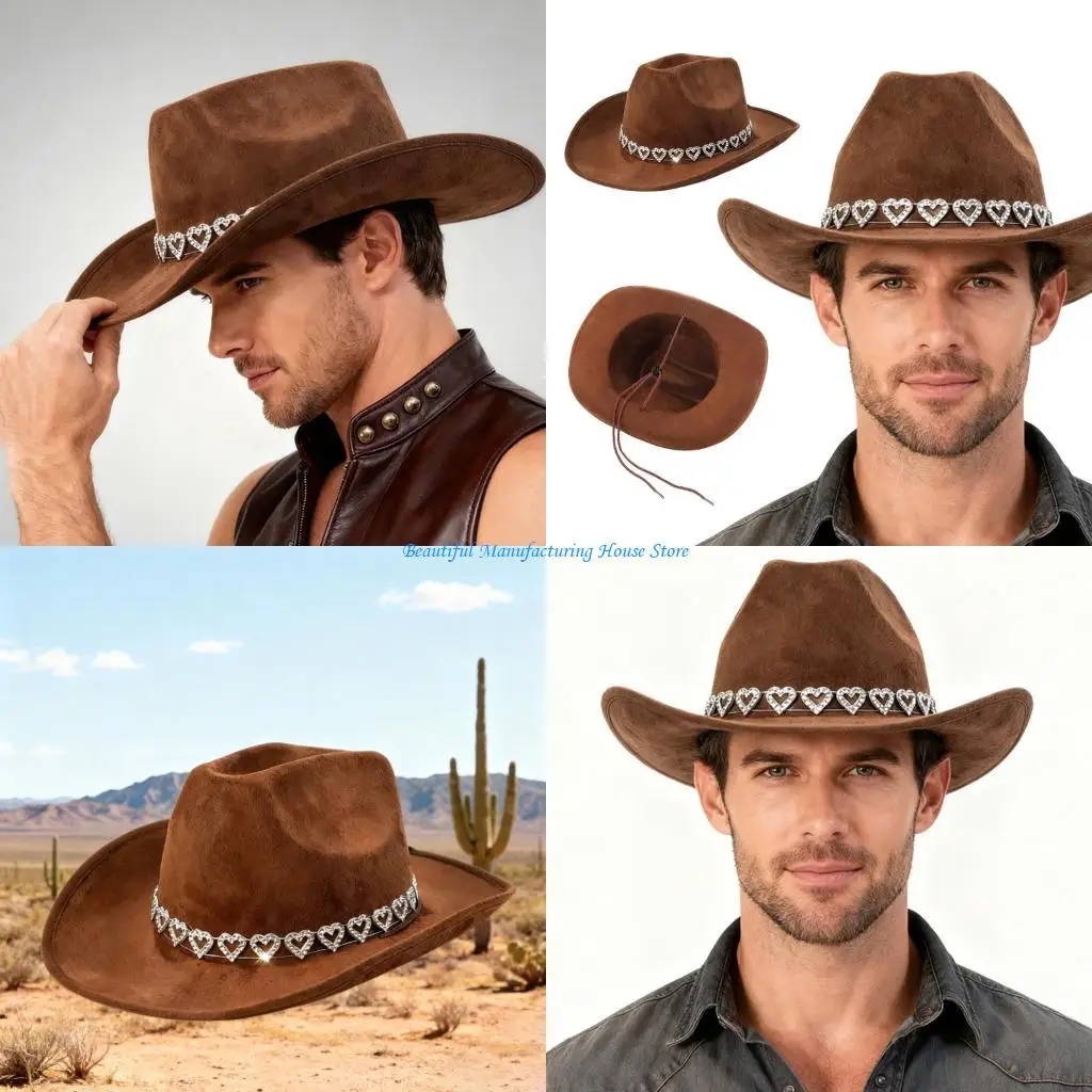 

E56A Антикварные ковбойские шляпы для тематических вечеринок Повседневная одежда Стразы Декор в виде сердца Федоры