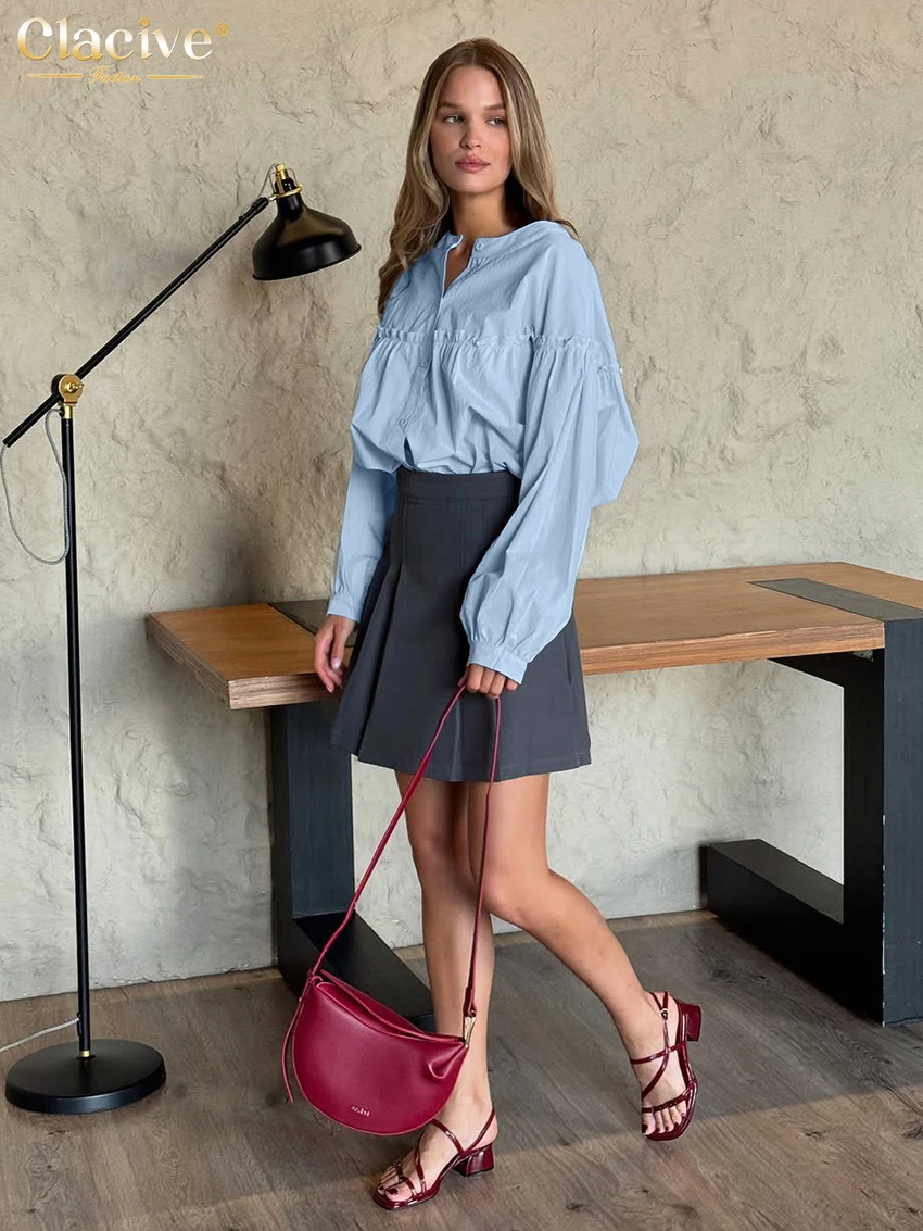 Clacive موضة فضفاضة الأزرق القطن قميص نسائي 2026 بلوزة عادية س الرقبة طويلة الأكمام أنيقة الكلاسيكية قمة صلب الملابس النسائية #6