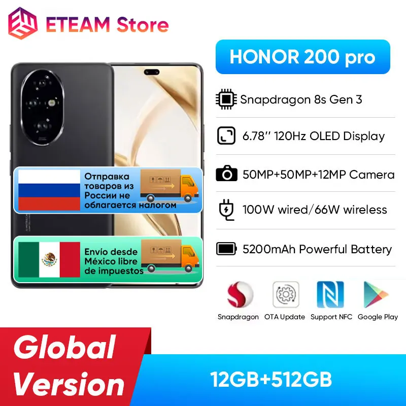 2024 Global Version HONOR 200 Pro Snapdragon 8s Gen 3 5G Smart phone 6.78'' 120Hz AMOLED 5200mAh Large Battery 100W SuperCharge