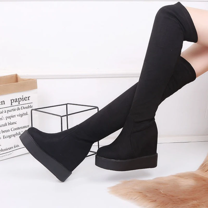 Women's Winter Korean Design Fleece Lined Slim Fit Over The Knee Boots Thick Wedge Heel Built in Lift Petite Friendly New In