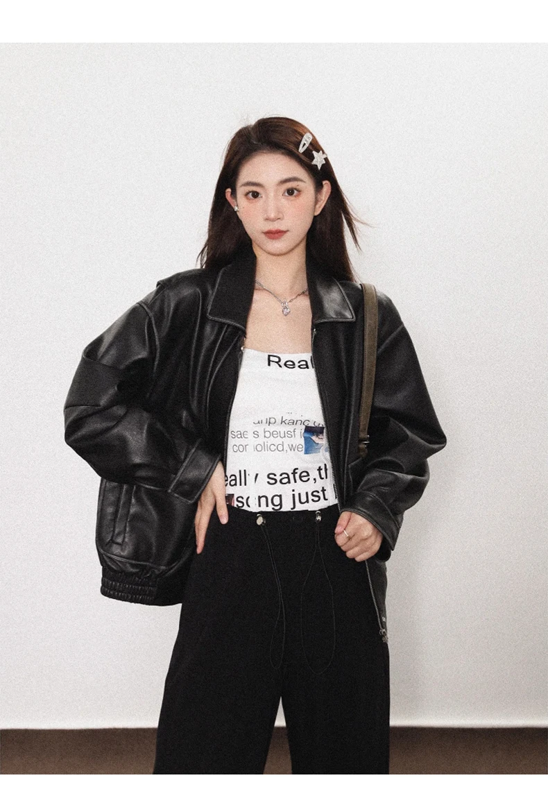 Lautaro Spring Autumn Cool Handsome Soft Vintage Distressed Brown Pu Leather Jacket Women Long Sleeve Luxury Designer Clothing