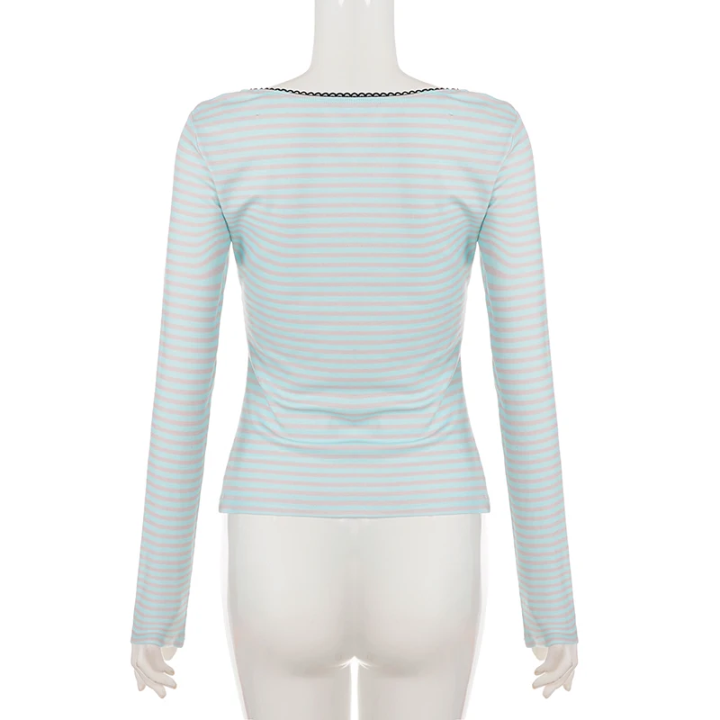 SUCHCUTE Damen Y2K Gestreiftes V-Ausschnitt Langarm-Oberteil mit Spitzenbesatz, geraffter Taille, schmales, kurzes T-Shirt, Retro Casual Streetwear T-Shirt für den Herbst – Detail 5