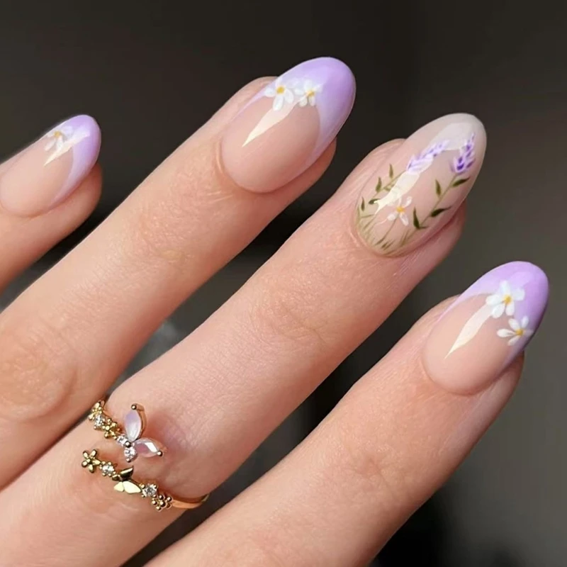 L8RD Winter Glossy Press On 24Pcs Lavender Floral False Short Length French Styles Almond Easy Application