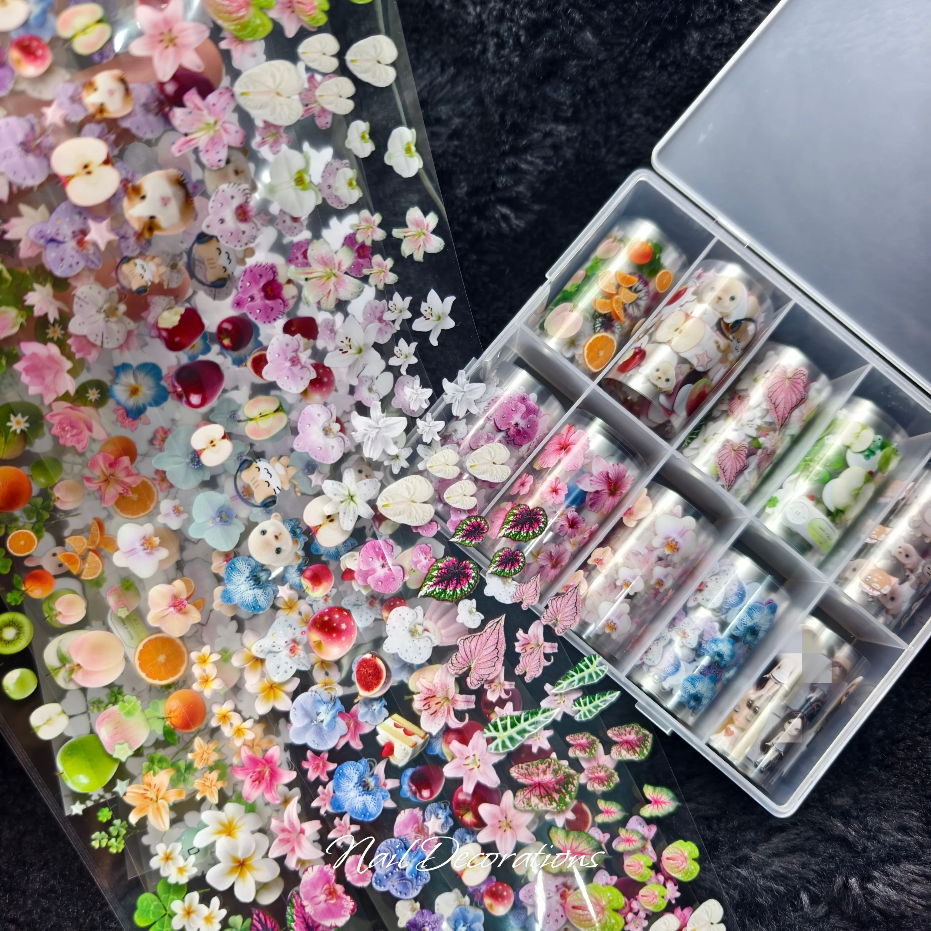 1 Box Blumen-Plumeria-Begonien-Blätter Phalaenopsis-Lilien Nagelfolien Transferpapier Nagelkunst-Aufkleber Nageldekoration – Detail 4