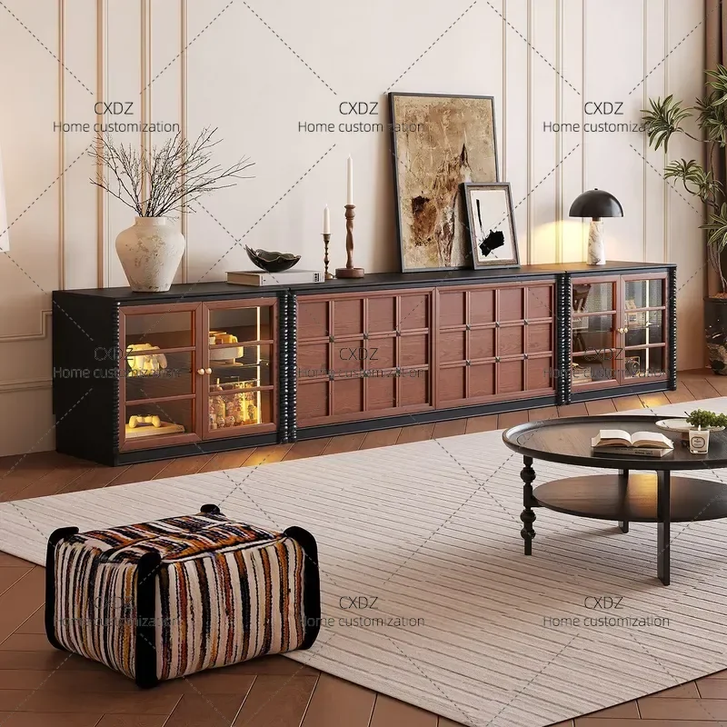 Medieval Style Retro Solid Wood TV Cabinet for Living Room Small Apartment Floor Display Module Combination Storage Unit