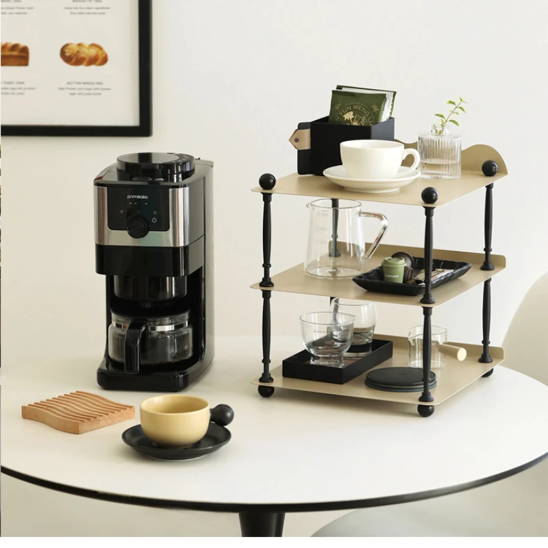 

Milk Tea-Colored Three-Tier Storage Shelf, Coffee Bar Utility Rack, Desktop Bookshelf with Large-Capacity Storage