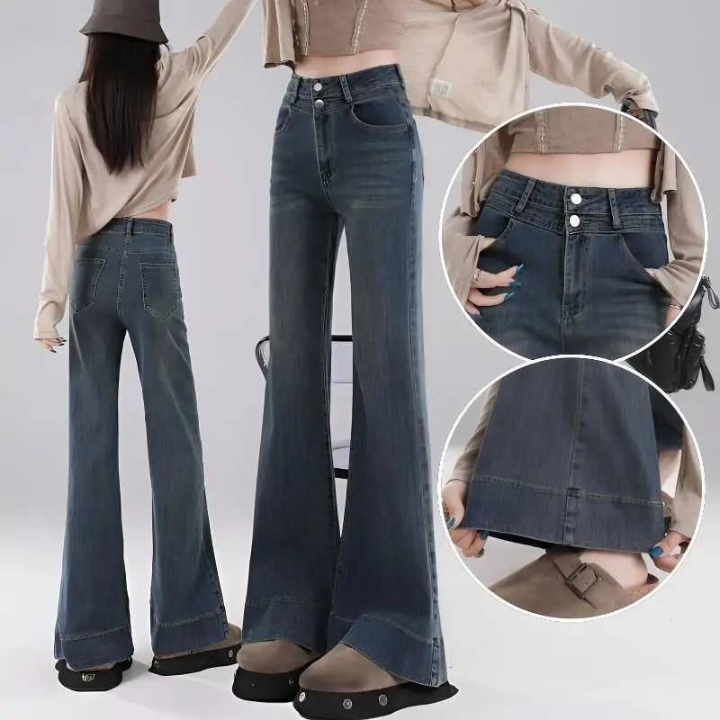 

Retro High Waist Bell Bot Blue Jeans Women's Early Autumn Slimming Stretchy Waed Denim Capri Pants Distred Sle