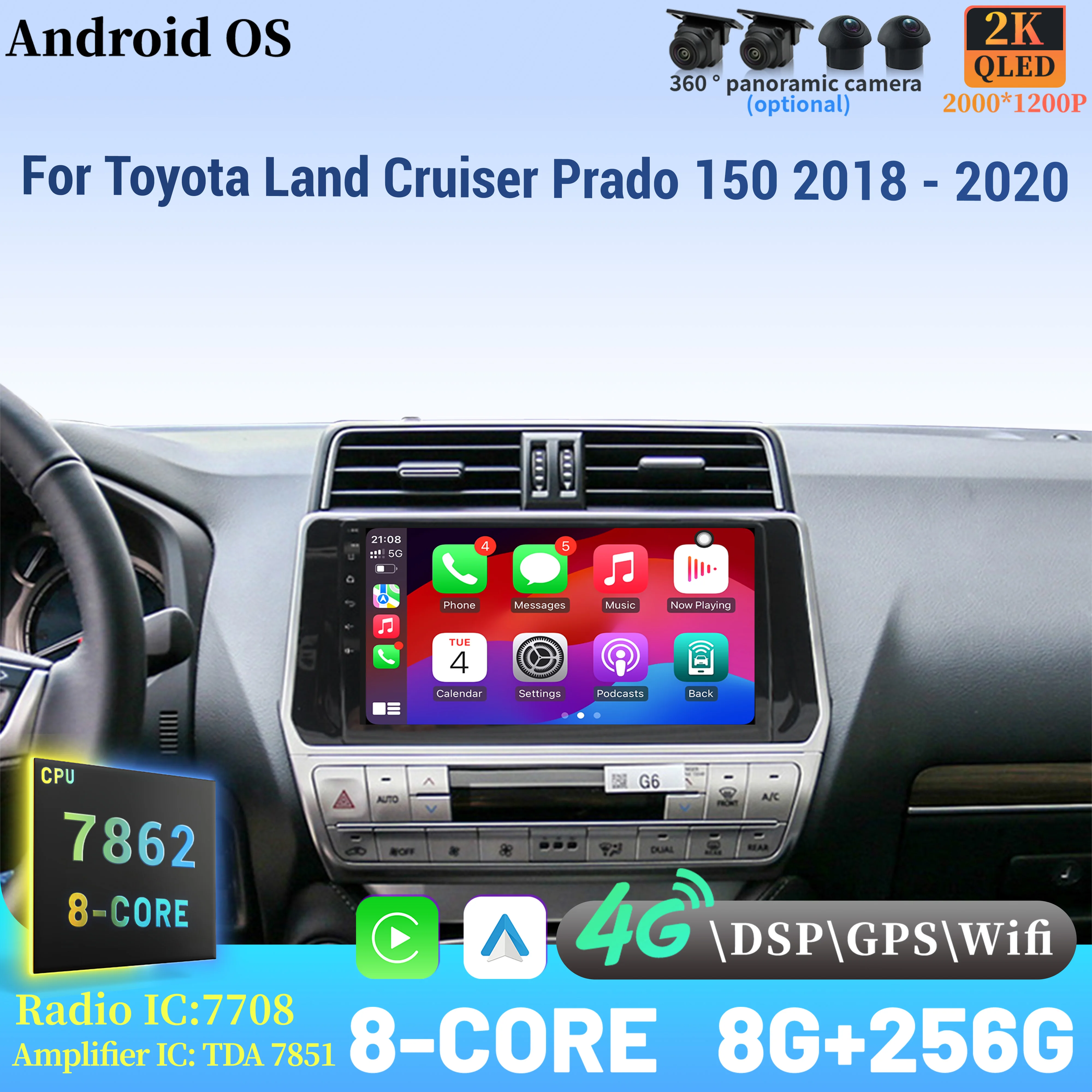 

For Toyota Land Cruiser Prado 150 2018 - 2020 Wireless BT CarPlay Android 14 Radio Car Multimedia Player Touch Screen