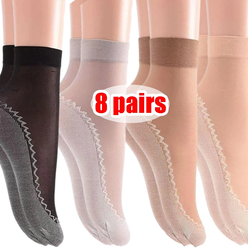 Anti-slip Boat Socks Spring Summer Ice Silk Ultra Thin Invisible Anti-hook Tranaparent Crystal Women Middle Tube Ankle Stockings