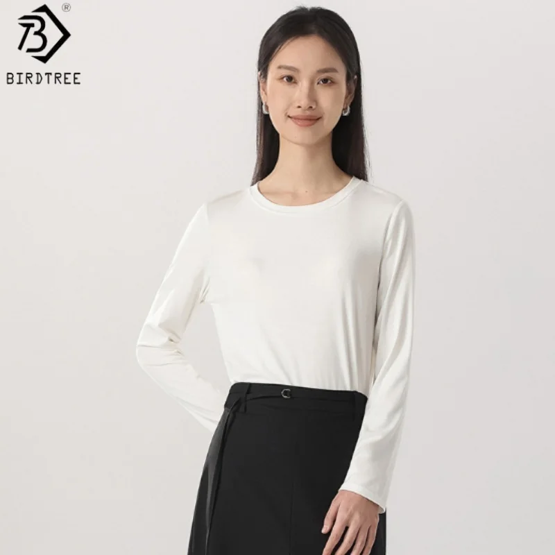 

Birdtree 6% Mulberry Silk 83.5% Viscose T-shirt,Women O-neck Solid Color Long Sleeve Loose Shirt Blouse Top,2025 New T57826JF